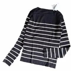 新品レディース ラコレリブボートネックニット セーター ボーダー 紺 ストライプ
