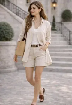 ⭐️美品ポロラルフローレン定番ベージュストライプリネンシャツオーバーサイズ