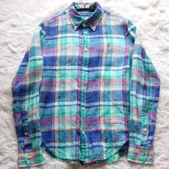 ラルフローレン リネン100% ボタンダウンカラーシャツ M マドラスチェック