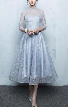 送料無料 未使用 刺繡 チュール ハイネック ドレス 9号 M (WA1238)