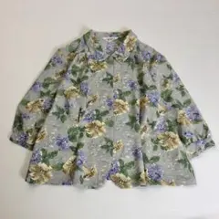 昭和レトロ花柄七分袖シャツブラウス絵画風柄マット素材グレー黄色緑古着