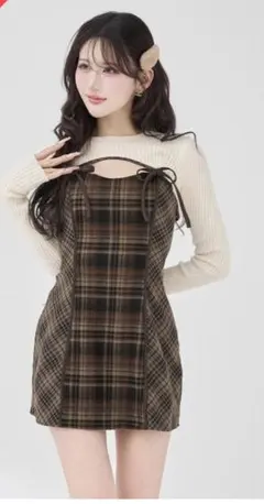 Darich ダーリッチ ニットボレロダブルチェックミニワンピース ブラウン