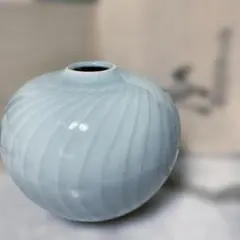 木村万岳　青白磁流紋縞陶器花瓶　木箱入り 未使用品