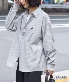 KANGOL ロゴ刺繍 長袖シャツ 抗菌 防臭 イージーケア　ストライプ　グレー