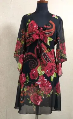 花柄シフォンチュニック 五分袖