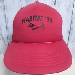 【90's】 トラッカーキャップ 5パネル 赤黒 ピンクバンド 鋸 槌 メッシュ