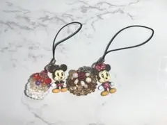 ミッキー&ミニーストラップ　ビーズスイーツ付き　チャーム　キーホルダー