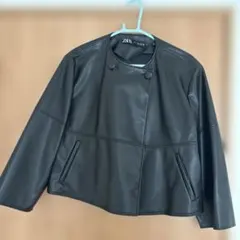 ZARA フェイクレザー ノーカラー ジャケット ブラック