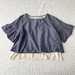 ピンクアドベ レイヤード風ブラウス フレア袖 体型カバー 青 M きれいめのサムネイル