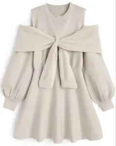 オープンショルダーシャギーリボンニットミニワンピース