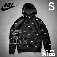 新品未使用　NIKEパーカー　Ｓサイズ　ロゴ総柄　スウォッシュ　ブラック　黒