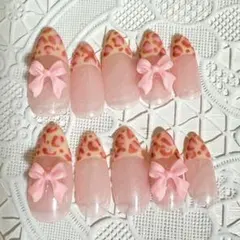 レオパード柄 リボン ネイルチップ ギャルネイル