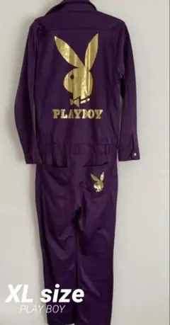 【美品】プレイボーイ　つなぎ カバーオール　バックプリント シルバー　【L】 美品】プレイボーイ つなぎ カバーオール バックプリント
