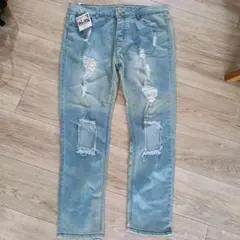 ダメージ加工デニム 2XL ライトブルー