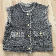 Techichi フリンジ付きニットベスト ブラック・ホワイト