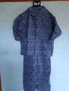 ブルーグレー系幾何学模様農作業用ヤッケ、パンツセット