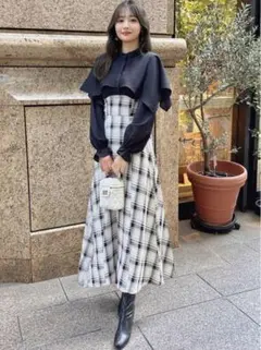 GRL グレイル チェック柄ドッキングケープカラーワンピース[pr49] L