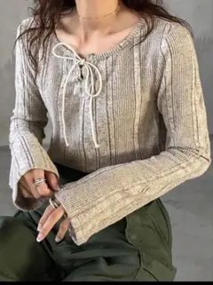 SHEIN リブ編みベージュ長袖トップス