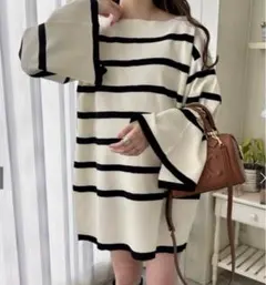 GRL ボーダー柄スリットスリーブニットミニワンピース[an1273］
