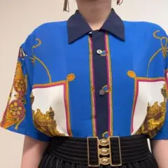 青 ブルー系 透け感 薄手 ヴィンテージ マリン スカーフ調 柄シャツ レトロのサムネイル