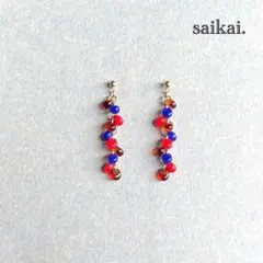 [1004]ティアドロップガラスの螺旋ピアス レッド ハンドメイド 赤 ブラウン