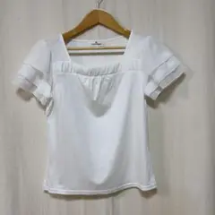 美品★クレージュ フリル袖カットソー 白×異素材切替 日本製 38 Mサイズ