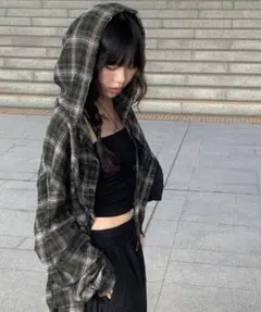 チェック柄 フード付きシャツ カーキ