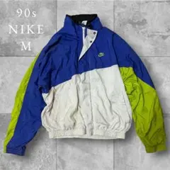 【NIKE】90sナイロンジャケット刺繍ロゴアシンメトリー青緑白ナイキ古着M