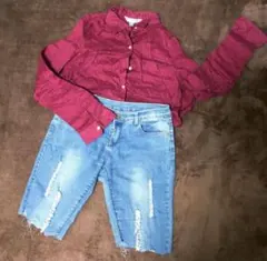 切りっぱなしダメージクラッシュデニムスキニー半ズボン ハーフパンツ ワイシャツ