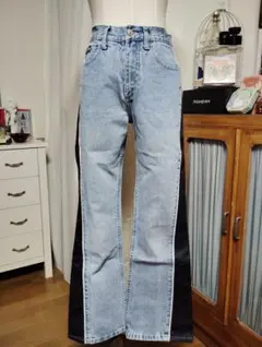 【美品】ブルー/水色 デニム パンツ ブラックサイドライン ホワイトライン