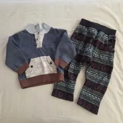 ネイビーとブラウンの暖かトップス&パンツセット 100cm