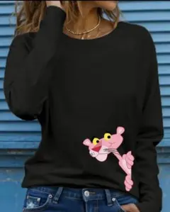 ピンクパンサー プリント ブラック長袖トップス