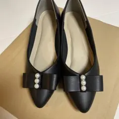 黒 リボン付き パール装飾 低ヒールシューズ
