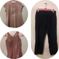 ピンクTシャツと黒パンツのヨガウェアセット　 タオル付き