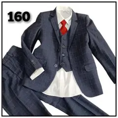 美品★160 男の子 セットアップスーツ フォーマル 卒業式 3ピース 格子柄