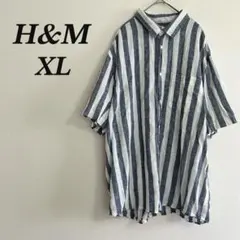 【美品】H&M シャツ XL 青 白 ストライプ リネンコットン カジュアル