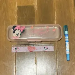 ディズニーセット　ミニーマウス 筆箱クリアピンク 定規付き　ミッキークレヨンペン
