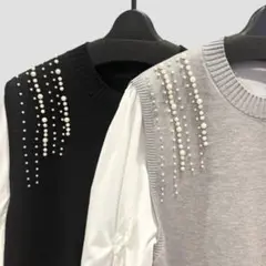 新品　パールニット　レイヤード　チュニックシャツ　グレー　Frene Myu