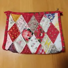 パッチワークデザイン ポーチ 赤系