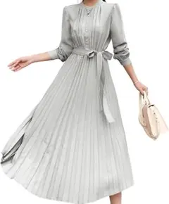 レディース　プリーツ　ワンピース 長袖 ロング丈　グレー　ベルト付き　きれいめ