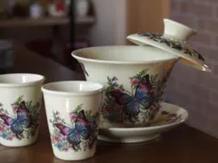 中国茶器　３点セット　蝶々　蓋碗　特価品