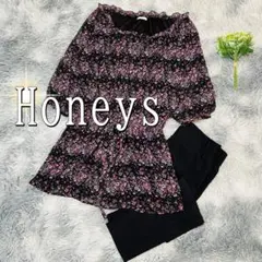 Honeys スクエアネック花柄2way前開きミニワンピース（L）黒