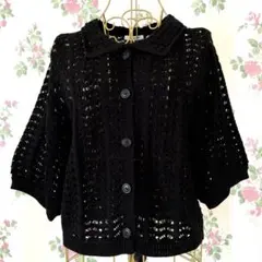 【アズノゥアズ】　ふんわり5分袖　ニットカーディガン　襟付き　黒　ブラック