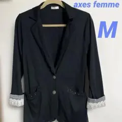 axes femme黒ジャケットM 紺のストライプ袖•フリル付•スウェット生地