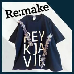 古着リメイク ネイビー フリル Tシャツ 英字 大きめロゴ グレー　パープル