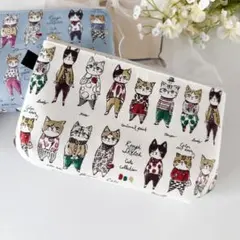 ぷっくりファスナーポーチ　白布猫柄　20センチファスナー