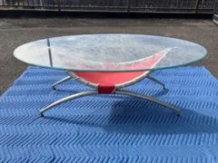 【希少・デザイン家具】カヌー型 ガラステーブル / マガジンラック付（赤）