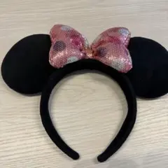 ディズニー　ミニーちゃん　カチューシャ　ピンク　ドット　水玉リボン　スパンコール