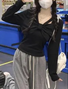 SHEIN リボン付きブラック長袖トップス ニット