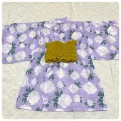 スリーコインズ 浴衣 甚平 薄紫色 花柄 フリル帯